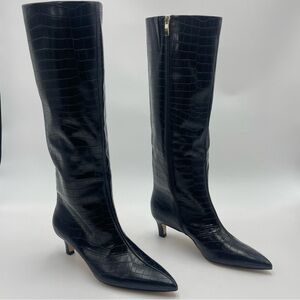 Nordstrom Dauphine Kitten Heel SZ 6M-Black Croc-Embossed Knee-High Boot $180